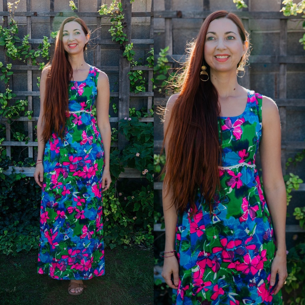1970s Hawaiian Floral Maxi Dress